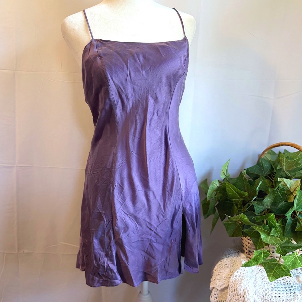 Vintage Victorias Secret Purple 100% Silk Slip Dress Mini Side Slit Small